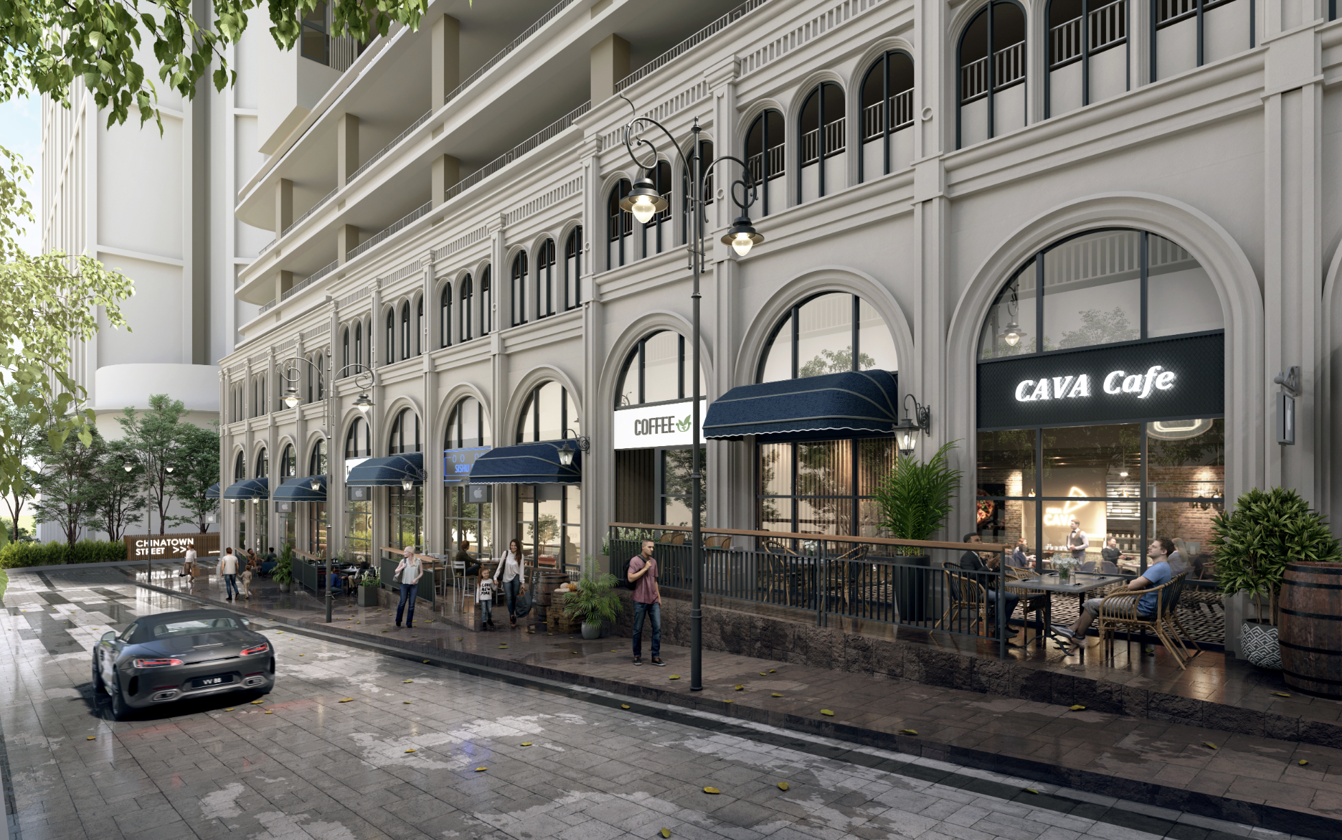 Colonial shophouse retail frontages beneath The Aldenz, with arched windows, awnings and alfresco seating