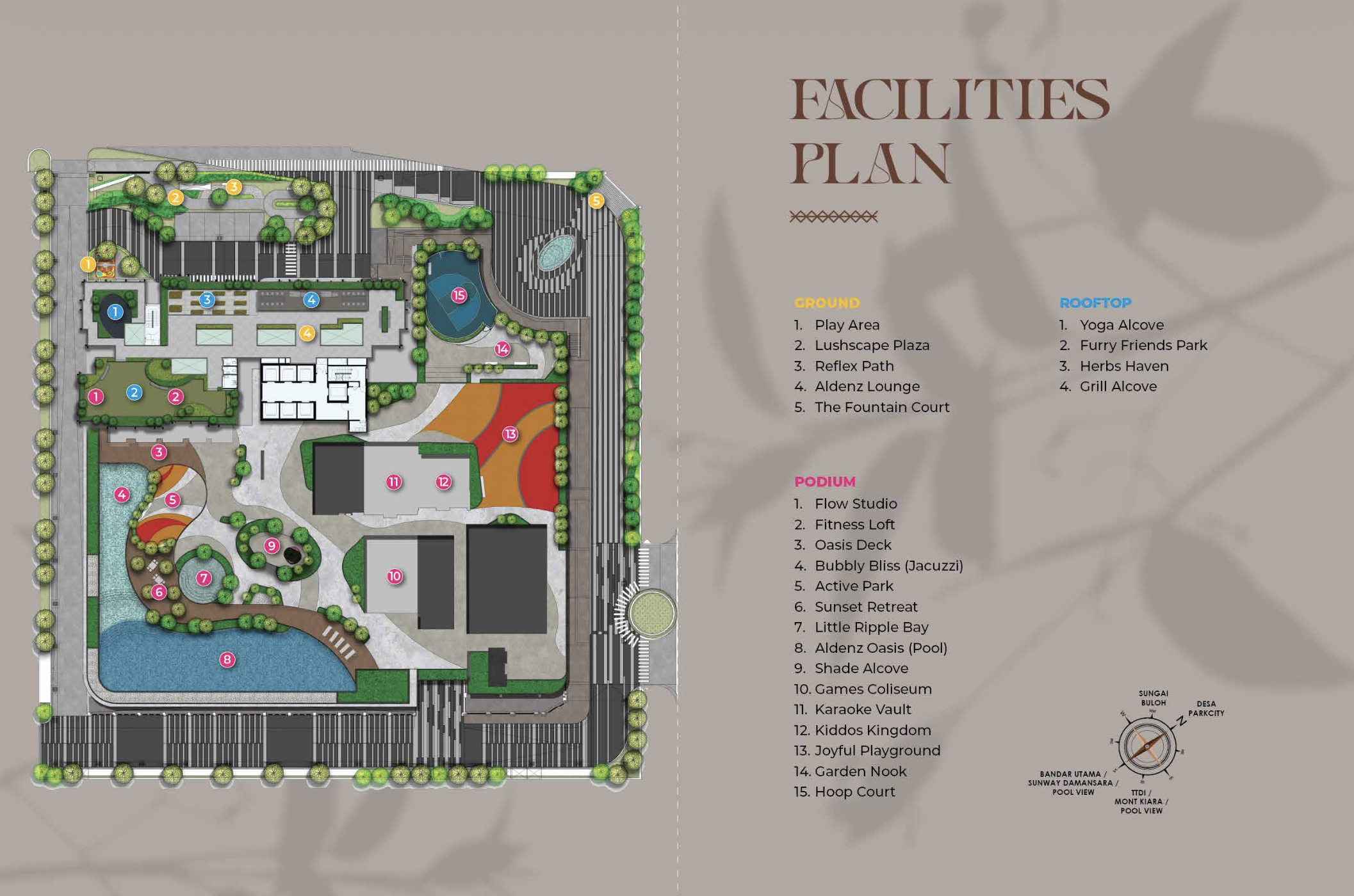 The Aldenz facilities plan showing all 24 numbered zones — Play Area, Lushscape Plaza, Reflex Path, Aldenz Lounge and The Fountain Court at ground level; Flow Studio, Fitness Loft, Oasis Deck, Bubbly Bliss jacuzzi, Active Park, Sunset Retreat, Little Ripple Bay, Aldenz Oasis pool, Shade Alcove, Games Coliseum, Karaoke Vault, Kiddos Kingdom, Joyful Playground, Garden Nook and Hoop Court on the podium; Yoga Alcove, Furry Friends Park, Herbs Haven and Grill Alcove on the rooftop