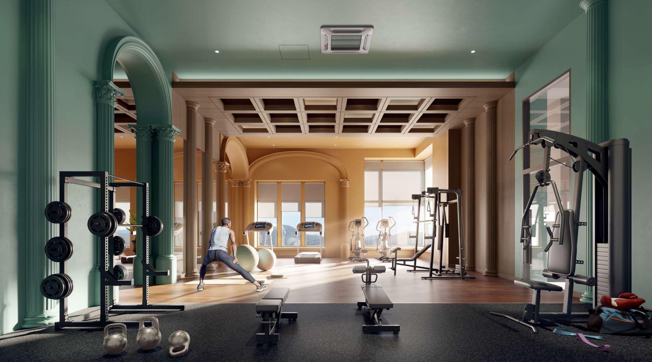 Fitness Loft — the gymnasium at The Aldenz with cardio equipment, free weights and full-height glazing