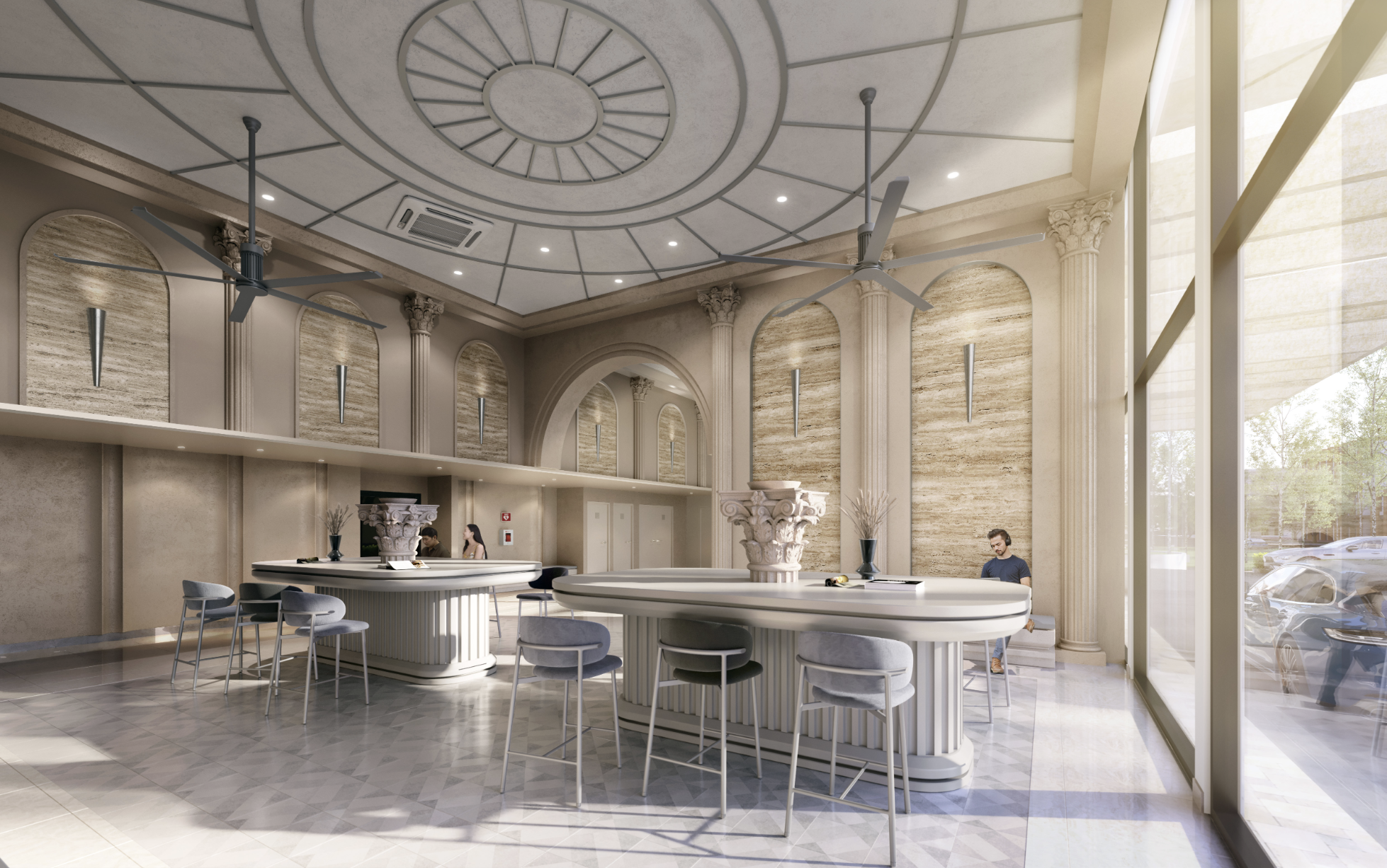 Aldenz Lounge — the residents' lobby at The Aldenz, with soft seating and a double-height ceiling