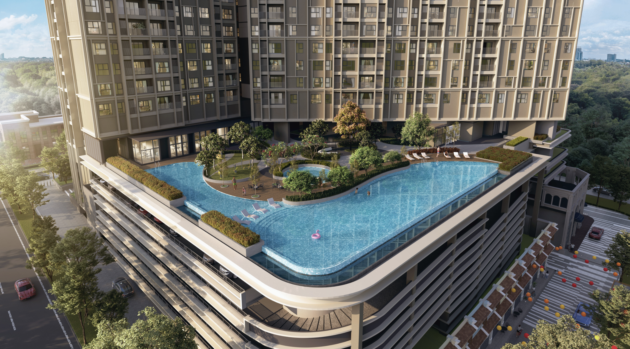 Aerial view of The Aldenz showing the Aldenz Oasis pool deck, landscaped podium and the 40-storey tower