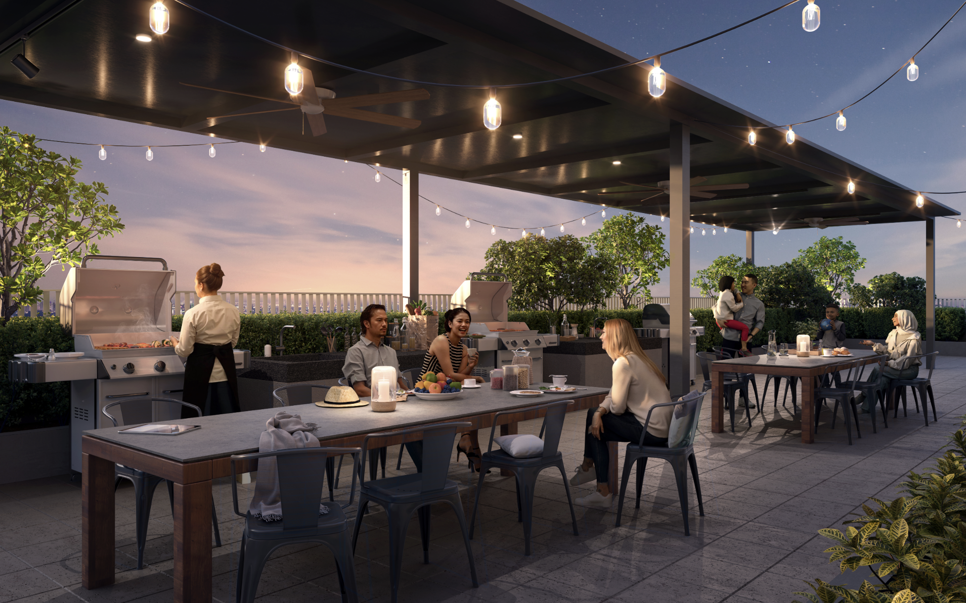 Grill Alcove — the rooftop barbecue and dining deck at The Aldenz with skyline views