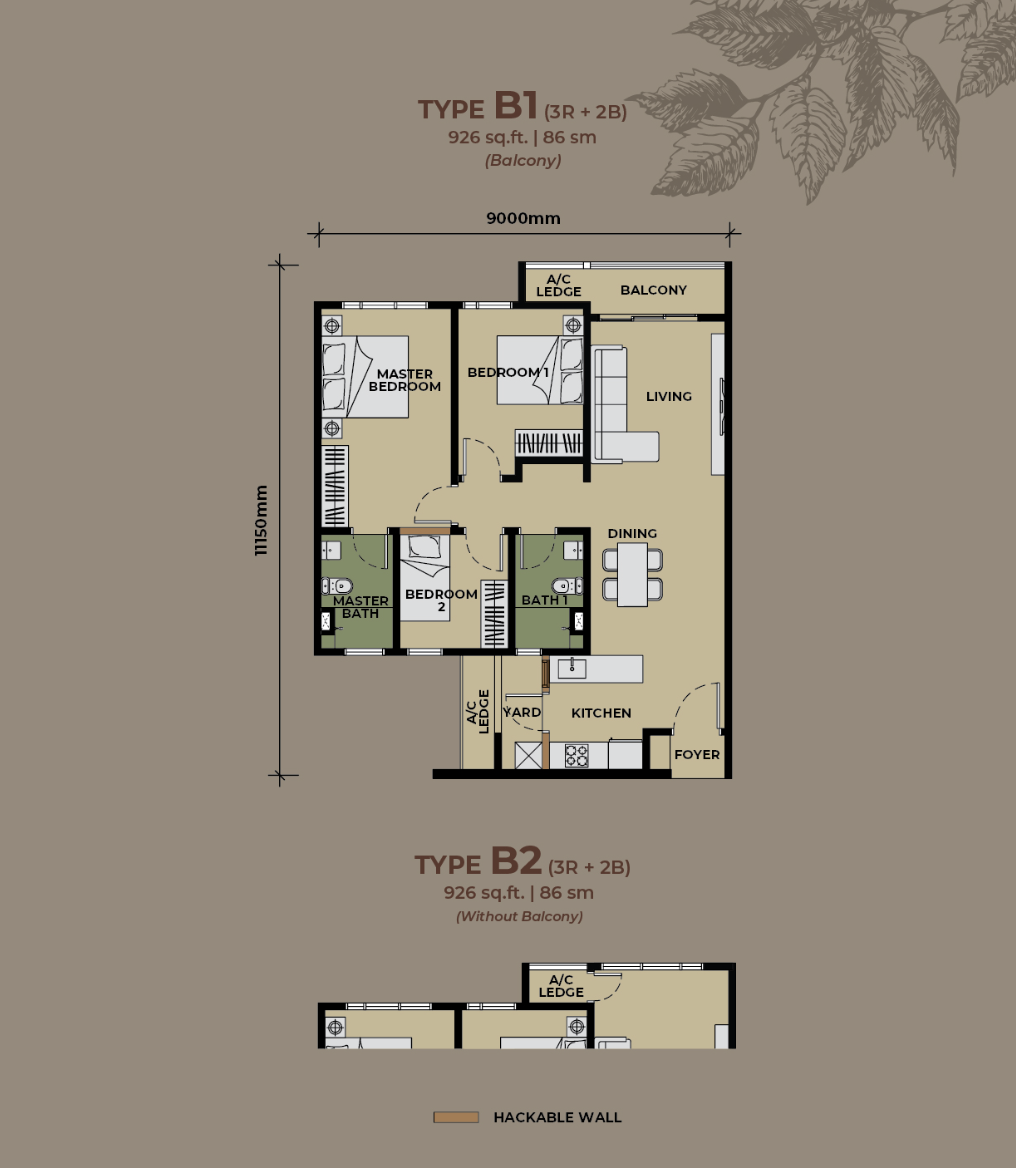 The Aldenz Type B floor plan — 926 sq.ft., 3 bedrooms, 2 bathrooms, with all three bedrooms grouped into one private wing